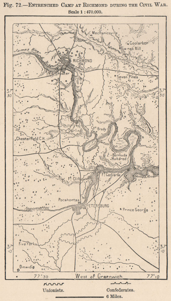 Entrenched Camp at Richmond during the Civil war. Virginia 1885 old map